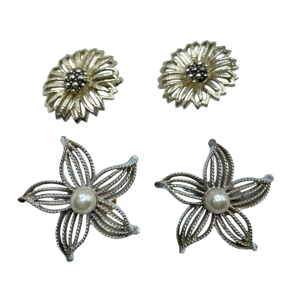 Vintage Sarah Coventry Silver Tone Clip On Earrings Two Pair Set Flowers